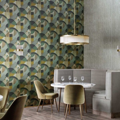 současný design zelenkavé tapety inspirovaný Paulem Kleem nebo Matissem od anglické firmy Zoffany v restauraci.